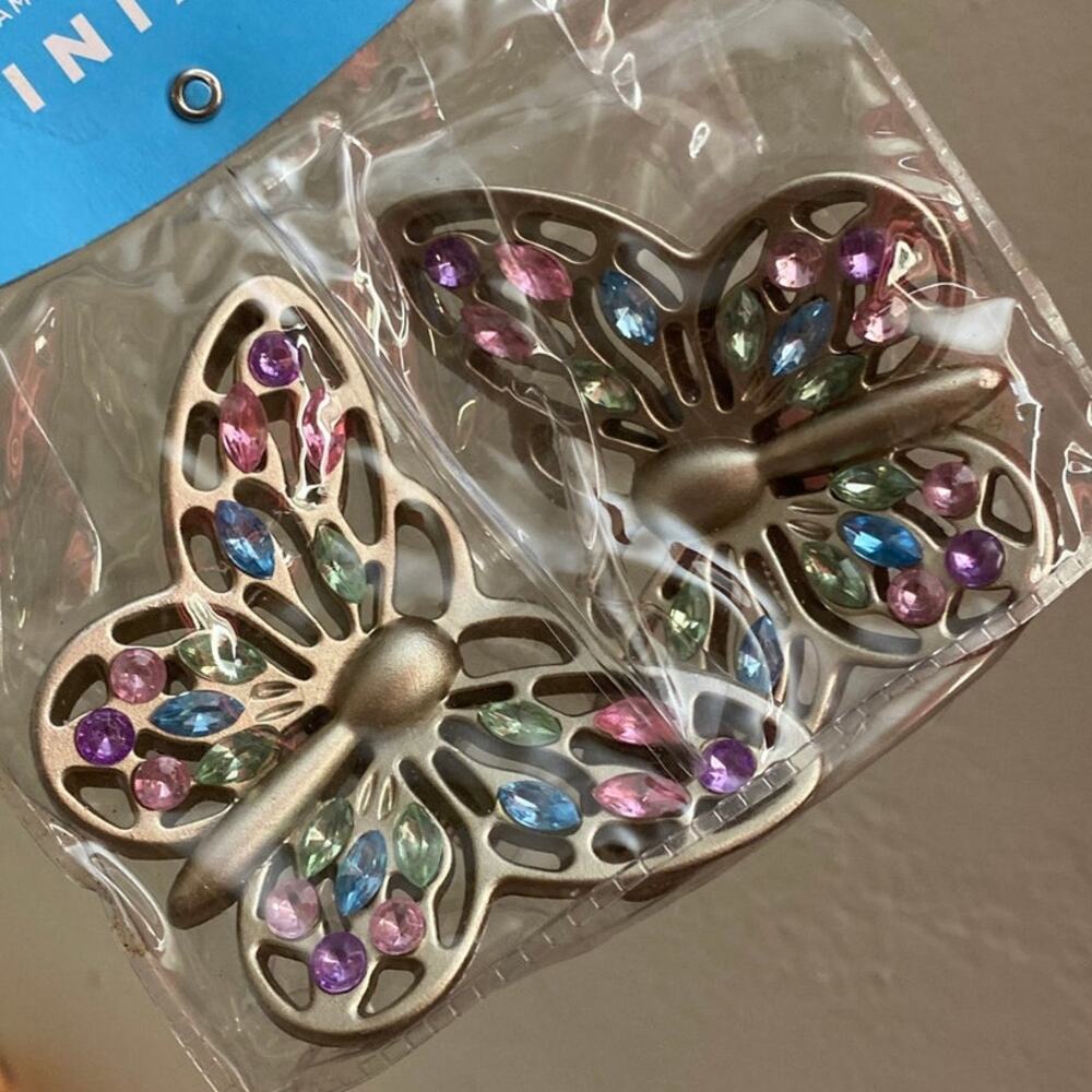 Butterfly Curtain Rod Butterflies Silver Multicolor Gem Sparkle Finial Decor NEW
